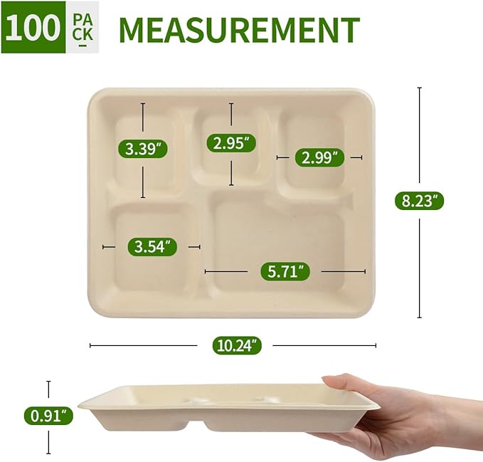 5 Compartment Paper Plates 100 Pack, 10 x 8 inch inch Disposable Lunch Trays, Divided Disposable Sectional Plate for School Lunch, Cafeteria, Buffet Church and Party