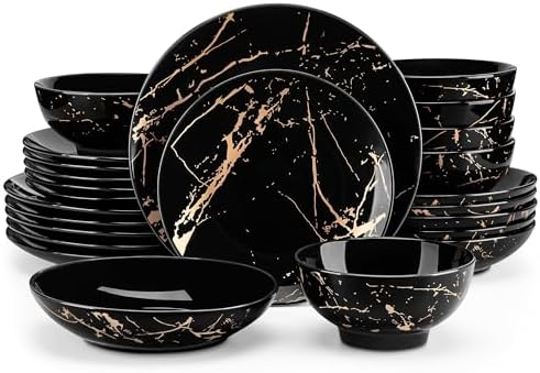 LOVECASA Plates and Bowls Sets for 6, 24 Pieces Porcelain Dinnerware Sets, Black and Gold Dish Set Gold Splash Dishware Sets, Dishwasher Microwave Safe by LOVECASA