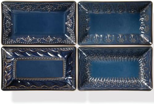 Artena Salad Plates Set of 4, 9.85" Embossed Ceramic Rectangular Appetizer Plates, Deep Lipped Edges, Microwave & Dishwasher Safe, Dessert Sushi Pasta Serving Plates (Blue, Multiple Patterns) by Artena