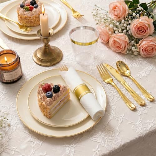 Ivory Gold Dinnerware Set Disposable Plates for 175PCS 25 Guests - Image 2
