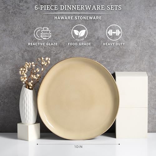 HaWare Stoneware Dinner Plates Set of 6, 10" Heavy Duty Ceramic Plates, Reactive Glaze Dinnerware for Home Restaurant, Chip and Scratch Resistant, Microwave and Dishwasher Safe, Reactive Sandy Khaki - Image 2