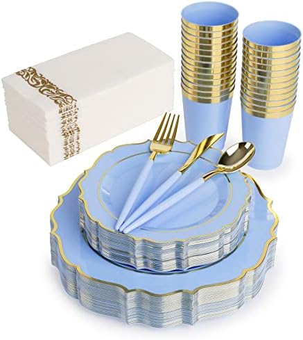 Baby Blue & Gold Disposable Plates Dinnerware Set for 25 Guests, 175-Pc Heavy Duty Plastic Plates, 10 oz Cups, Cutlery & Napkins, BPA-Free Party Supplies for Baby Shower, Wedding & Birthday by PREM-QUAL