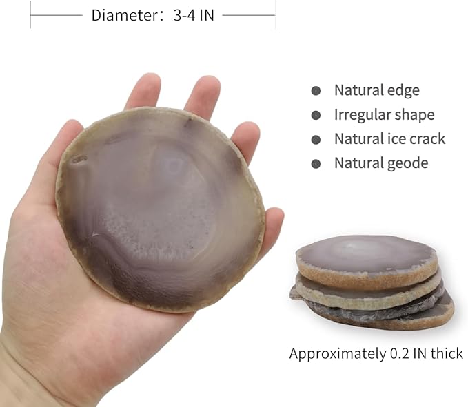 Agate Coaster for Drinks Polished Agate Slices Crystal Coasters with Rubber Gray 3-4" Coffee Table Decor Bar Sets for The Home