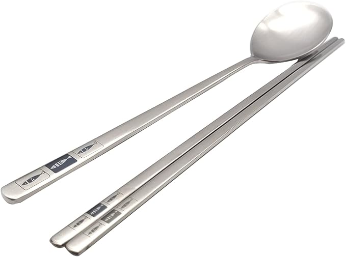 SUPIA Korean Traditional Cutlery Stainless Steel Spoons and Chopsticks Set Tableware with Long-hand, Reusable (Silver Fish)