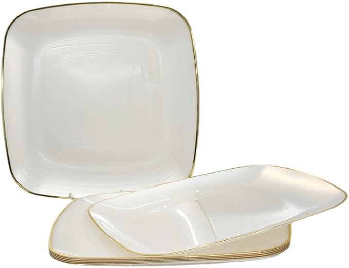 " OCCASIONS " 240 Pieces Pack,(120 Guests) Premium Wedding Party Disposable Plastic Plates Set -120 x 10'' Dinner + 120 x 7'' Salad/Dessert (Belize Square in Ivory & Gold)