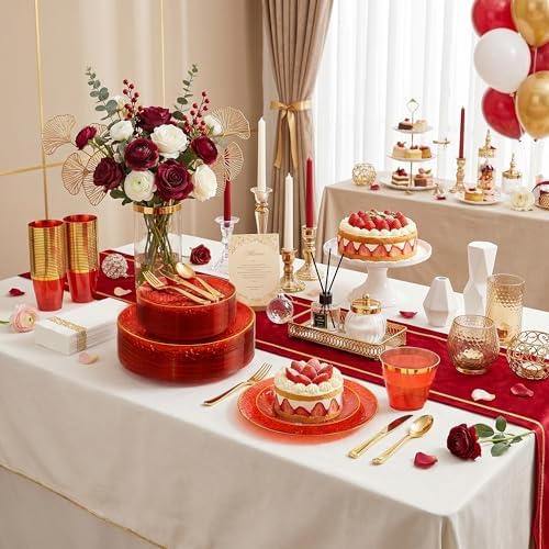 Rubtlamp 175 Pcs Plastic Dinnerware Set (25 Guests), Red And Gold Plastic Plates, Hammered Party Plates Set Include Dinner Plates, Dessert Plates, Cups, Cutlery Set And Napkins for Wedding And Party - Image 4