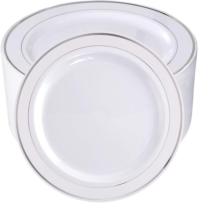 bUCLA 100Pieces Silver Rim Plastic Plates - 7.5inch Silver Salad/Dessert Plates Disposable - Ideal for Weddings, Parties & Christmas