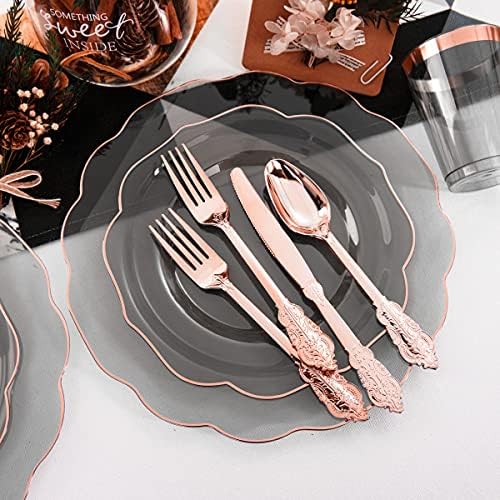BUCLA 30Guests Clear Black Plastic Plates With Rose Gold Silverware & Cups - Rose Gold Rim Plastic Dinnerware Ideal for Party & Wedding - Image 5