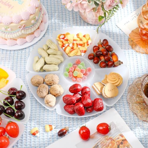 Zhehao 6 Pcs Plastic Divided Serving Trays with 60 Pcs Disposable Fork, 7 Compartments Round Chip Dip Plate, Petal Shape Platter, 10.6'' Snacks Serving Dish for Party Candy Nuts Fruits (White) - Image 7