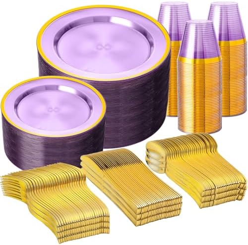 N9R 600PCS Purple Gold Plastic Plates, Disposable Dinnerware Set for Party by N9RTABLEWARE