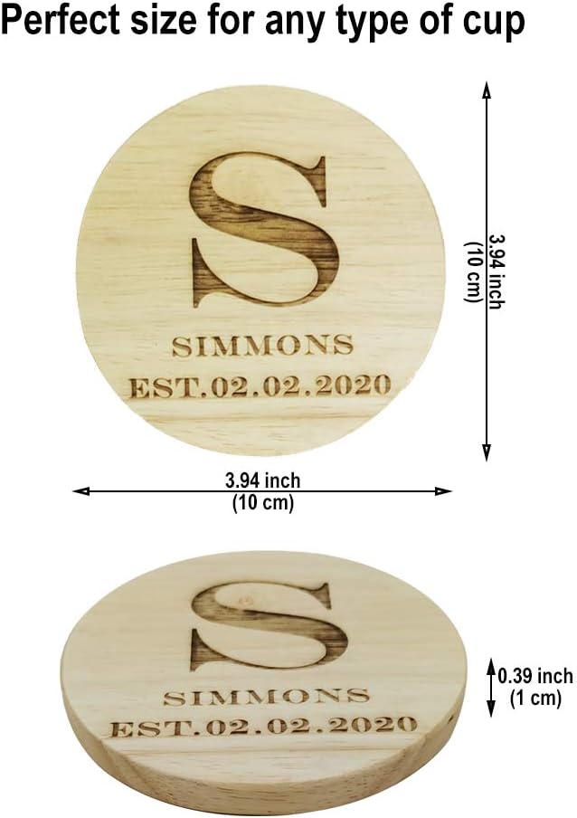 Personalized Monogram Coasters, Custom Engraved Wooden Coasters for Drinks, Great Gifts (Set of 4)