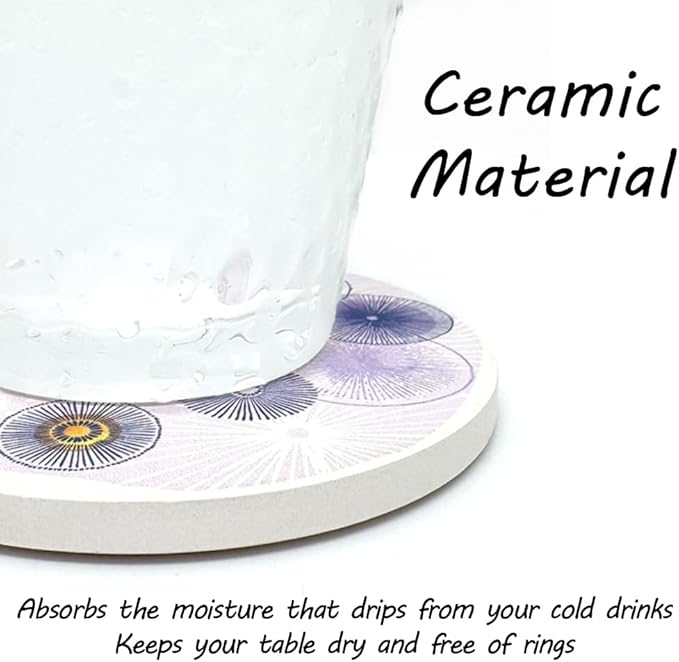 AD Set of 6 Coasters for Drinks Absorbing Round Ceramic Stone Coaster with Cork Base Tabletop Protection Mat for Mugs and Cups,Office,Kitchen (Color Droplets with Black Holder)