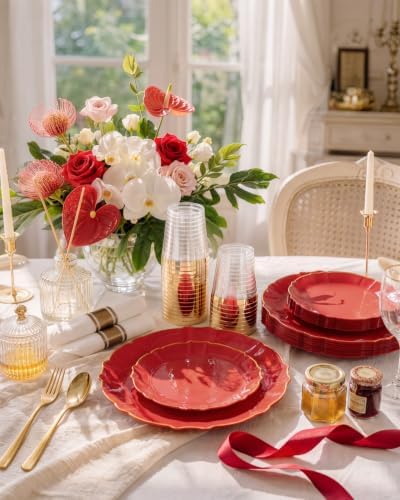 bUCLA 175PCS Red Plastic Plates - 25 Guests Gold Rim for Party, Wedding - Image 6