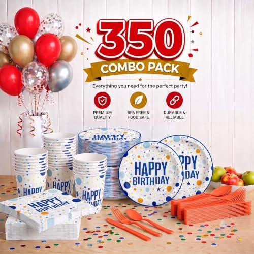 Exquisite 350 Pcs Blue Happy Birthday Plates and Napkins Set, Blue Birthday Plates Set, 50 Of Each 9" Dinner Plate, 7" Dessert Plate, 12 oz Cups, Napkins & Cutlery Plastic Dinnerware Set Set - Image 2