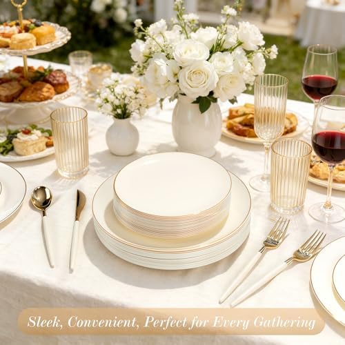 150Pcs Ivory Plastic Plates with Gold Rim,Disposable Plates with Silverware - Image 5