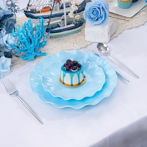LIYH 24Pcs Light Blue Scalloped Plastic Plates Reusable For Party Events - Image 4