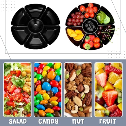 Zhehao 6 Pcs Plastic Divided Serving Trays with 60 Pcs Disposable Fork, 7 Compartments Round Chip Dip Plate, Petal Shape Platter, 10.6'' Snacks Serving Dish for Party Candy Nuts Fruits (Black) - Image 3