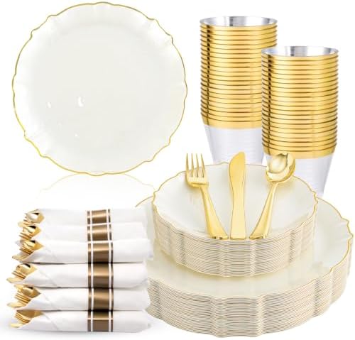 bUCLA 175PCS Ivory Plastic Plates - Gold Rim 25 Guests for Party, Wedding by BUCLA