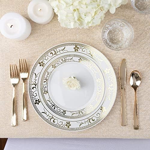 125-Piece White and Gold Floral Fancy Plastic Plates Disposable with Silverware, Elegant Dinnerware for Weddings, Holiday Party China, Set of 25 Dinner + Salad Plates, 25 Spoons, 25 Forks, 25 Knives - Image 3