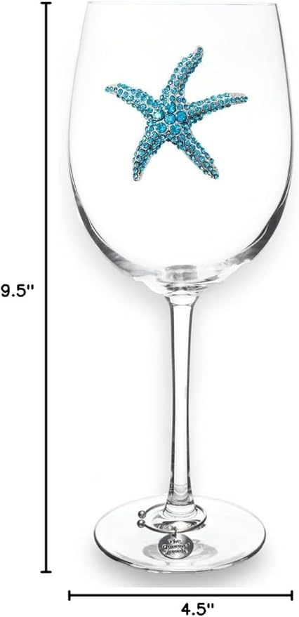 THE QUEENS' JEWELS Blue Starfish Jeweled Stemmed Wine Glass, 21 oz. - Unique Gift for Women, Birthday, Cute, Fun, Not Painted, Decorated, Bling, Bedazzled, Rhinestone