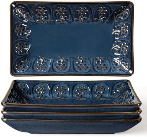Artena Appetizer Plates Set of 4, 8.25" Embossed Ceramic Rectangular Dessert Plates, Deep Lipped Edges, Microwave & Dishwasher Safe, Salad Sushi Snack Serving Plates (Blue, Pinwheel Flower) by Artena