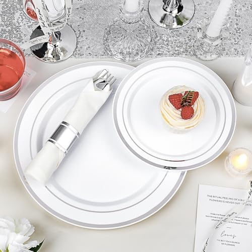 175 PCS White and Silver Plastic Dinnerware Set for 25 Guests, 50 Disposable Plates for Party, 25 Pre Rolled Napkins with Silver Silverware, 25 Cups - Image 2