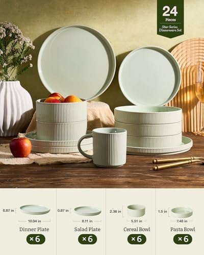 Famiware Stoneware Dinnerware Set with Pasta Bowls, 24pc Green Dishes for 6 - Image 6