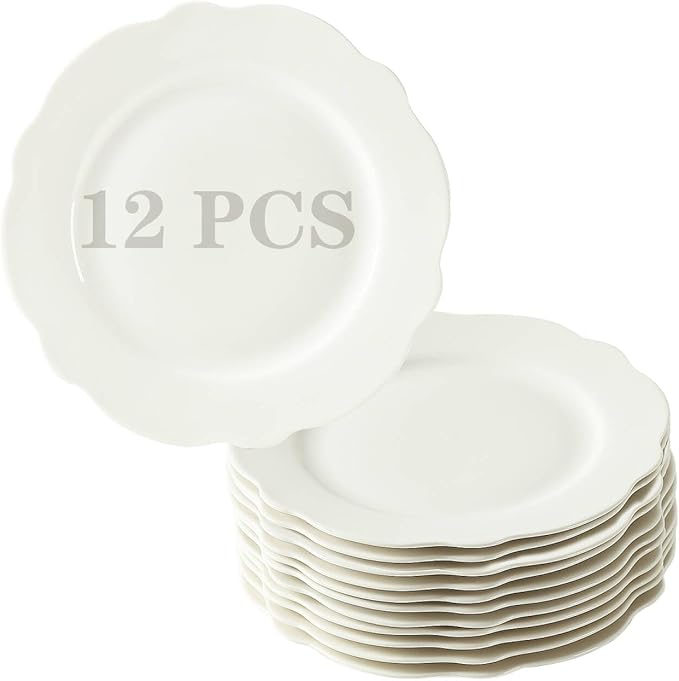 TAMAYKIM 7.5 Inch Porcelain Dessert Plates, Set of 12 - White Lotus Shape with Wavy Rim - Stackable Salad, Bread, Appetizer Serving Dishes, Scratch Resistant, Microwave Oven & Dishwasher Safe