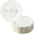 TAMAYKIM 7.5 Inch Porcelain Dessert Plates, Set of 12 - White Lotus Shape with Wavy Rim - Stackable Salad, Bread, Appetizer Serving Dishes, Scratch Resistant, Microwave Oven & Dishwasher Safe