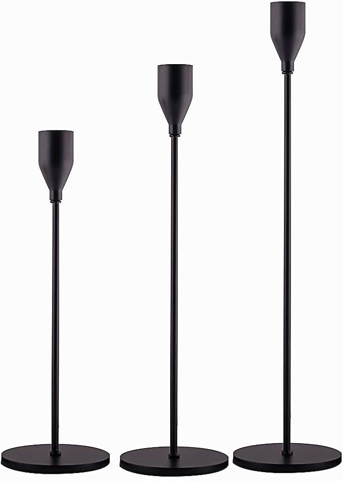 Matte Black Candle Holders Set of 3 for Taper Candles, Decorative Candlestick Holder for Wedding, Dinning, Party, Fits 3/4 inch Thick Candle&Led Candles (Metal Candle Stand)