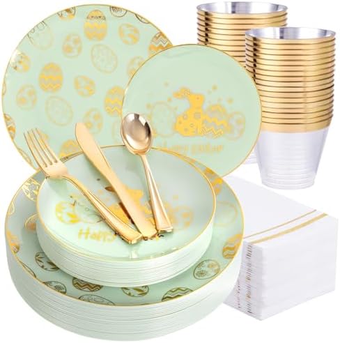 Festiva 175Pcs Easter Plates and Napkins Disposable - Green and Gold Plastic Dinnerware Set for 50 guests include 50 Plates 25Cups 25Plastic Silverware 25Napkins Perfect for Easter Party by Festiva