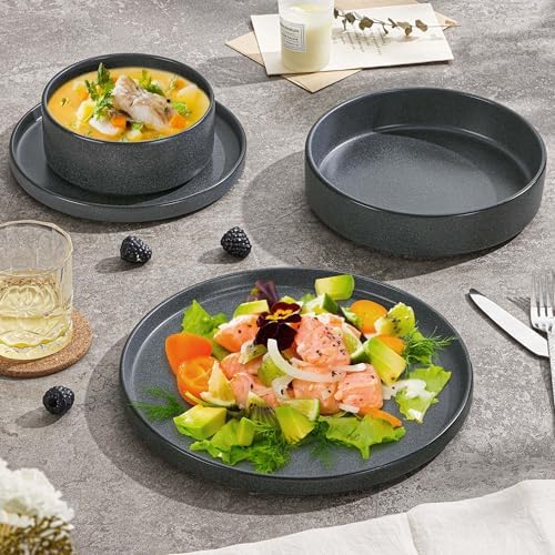 Herogo Dinnerware Dishes Sets with Salad Bowls, 24 Piece Plates and Bowls for 6, Dishwasher & Microwave Safe Ceramic Stoneware for Kitchen, Dark Gray - Image 3