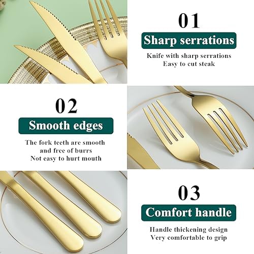 Evanda Gold Steak Knives Set 12 Piece, Gold Titanium Plating Stainless Steel 6 Dinner Forks and 6 Dinner Knives Set, Steak Knives Steak Forks, Dishwasher Safe - Image 5