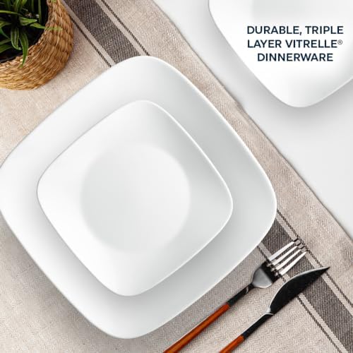 Corelle Vitrelle 18-Piece Service for 6 Square Dinnerware Set Triple Layer Glass and Chip Resistant, Lightweight Square Plates and Bowls Set, Pure White - Image 2