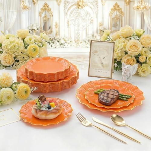 Rubtlamp 60Pcs Orange Plastic Plates - Orange Scalloped Plates with Gold Trim - 30 Dinner & 30 Dessert Platos, Heavy-duty Gold Plates for Party (30 Guests) - Image 6