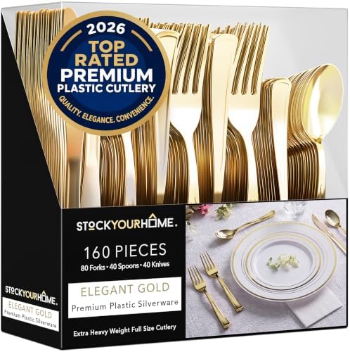 Gold Plastic Silverware Set (160 Bulk Pack) Disposable Cutlery Utensils, 80 Forks, 40 Knives, 40 Spoons, Heavy Duty Flatware For Holidays, Parties, Dinners, Weddings, and Occasions by StockYourHome