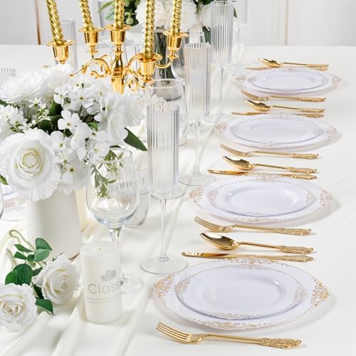 125PCS White and Gold Plastic Plates and Silverware for Wedding - Image 6