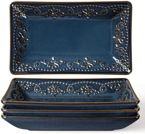 Artena Appetizer Plates Set of 4, 8.25" Embossed Ceramic Rectangular Dessert Plates, Deep Lipped Edges, Microwave & Dishwasher Safe, Salad Sushi Snack Serving Plates (Blue, Damask Floral) by Artena