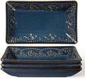 Artena Appetizer Plates Set of 4, 8.25" Embossed Ceramic Rectangular Dessert Plates, Deep Lipped Edges, Microwave & Dishwasher Safe, Salad Sushi Snack Serving Plates (Blue, Damask Floral) by Artena