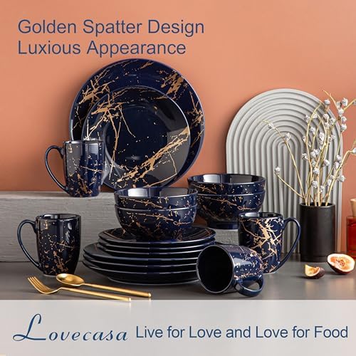 LOVECASA Porcelain Dinnerware Sets for 4, 16 PCS Plates and Bowls Set, Color Glaze with Gold Plate Dish Set, Dinner Sets with Dinner Plates, Dessert Plate, Bowls and Mugs, Dark Blue - Image 3
