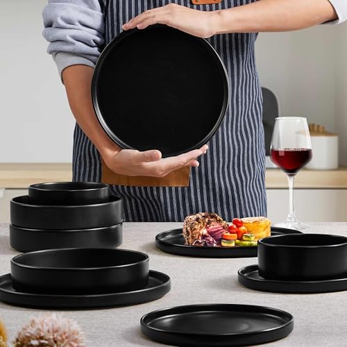 Herogo Dinnerware Sets with Pasta Bowls for 2, 8 Piece Dinner Salad Plates and Cereal Bowls, Stoneware Serving Dishes Dinner Ware for Home Kitchen, Dishwasher & Microwave Safe Dishware, Matte Black - Image 5