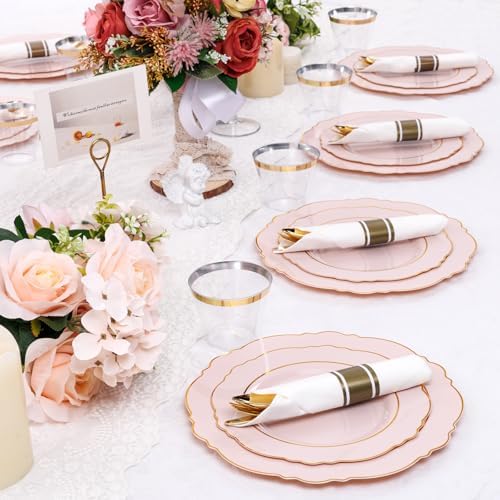 Liacere 175PCS Pink Plates Disposable - Pink and Gold Plates 25guest Baroque Plastic Dinnerware include 50Plates, 25Pack Pre Rolled Napkins with Silverware 25Cups Perfect for Wedding & Party - Image 2