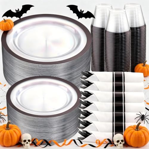 I00000 210 Pcs Clear and Black Plastic Plates, Disposable Dinnerware Set by I00000