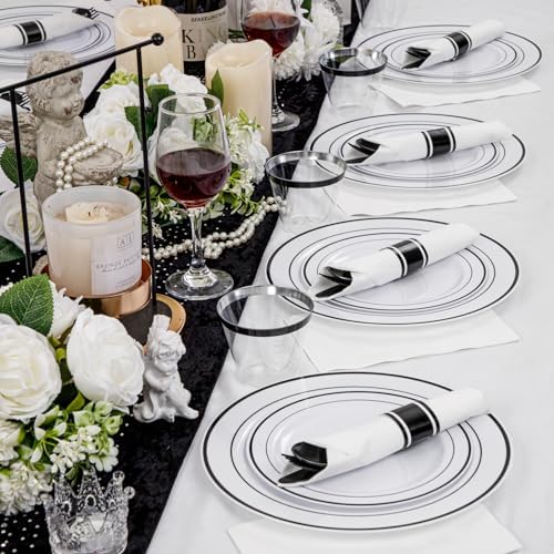 WELLIFE 350Pcs Black Plastic Dinnerware with Pre Rolled Napkins, Include:50 Dinner Plates, 50 Dessert Plates, 50 Paper Napkins, 50 Cups, 150 Plastic Cutlery - Image 6