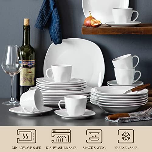 MALACASA 30 Piece Porcelain Dinnerware Set, Grey White Dish Set for 6, Square Ceramic Dishware Sets, Chip and Scratch Resistant Plates and Bowls Sets, Cups and Saucers, Series ELISA - Image 4