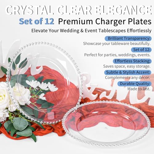 12 Pack Clear Charger Plates Bulk Wedding, 13 Inch Plastic Round Dinner Chargers with Silver Beaded Rim, Acrylic Round Decorative Plates for Wedding Party Home and Tabletop Decor (Silver) - Image 6
