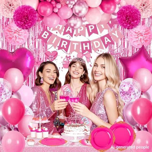 125PCS Hot Pink Plastic Plates for Wedding Party Birthday - Image 5