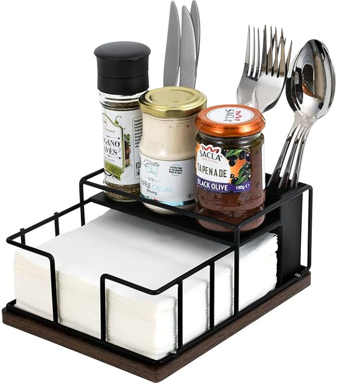 Napkin Holder for Table, Countertop Organizer - Flatware Holder for Forks, Spoons, Knives, Napkin Dispenser and Salt and Pepper Shakers Storage, Kitchen Cutlery Caddy for Dining Table, Buffet, Camping