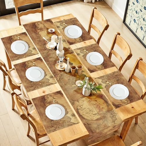 ANNA QUEEN Vintage World Map Table Runner and Placemats Set of 6 – 13"x72" Table Runner with 12"x18" Placemats, Antique Map Design, Rustic Farmhouse Dining Table Decor by ANNAQUEEN