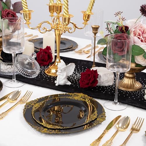 125PCS Black and Gold Plastic Plates for Wedding Party Halloween - Image 4